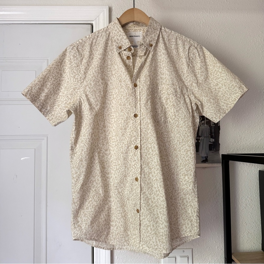 NORSE PROJECTS tan cream camo cotton short‎ sleeve button up shirt
